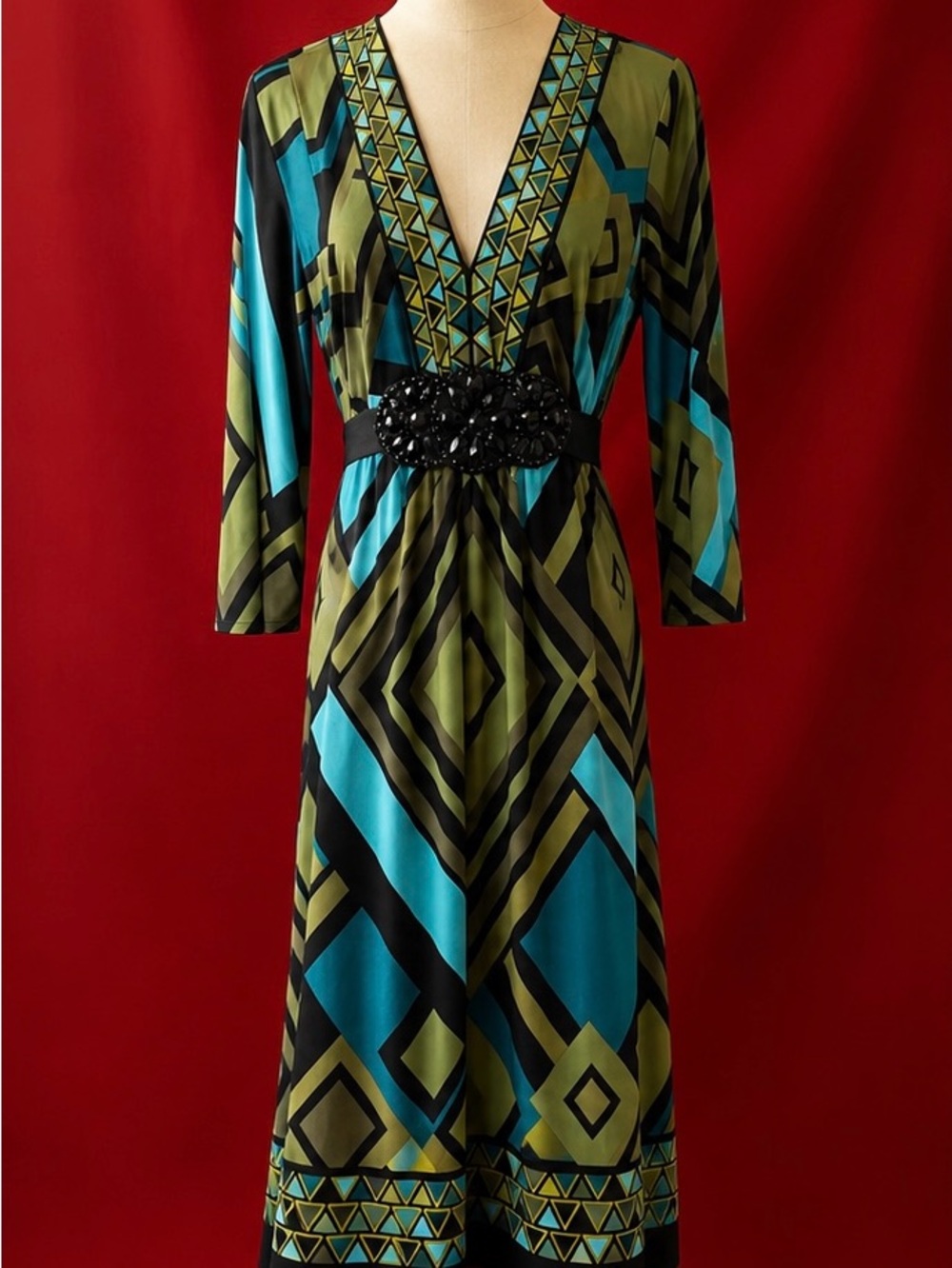 R&M Richards Olive and Teal Geometric V‑Neck Maxi Dress with Embellished Belt